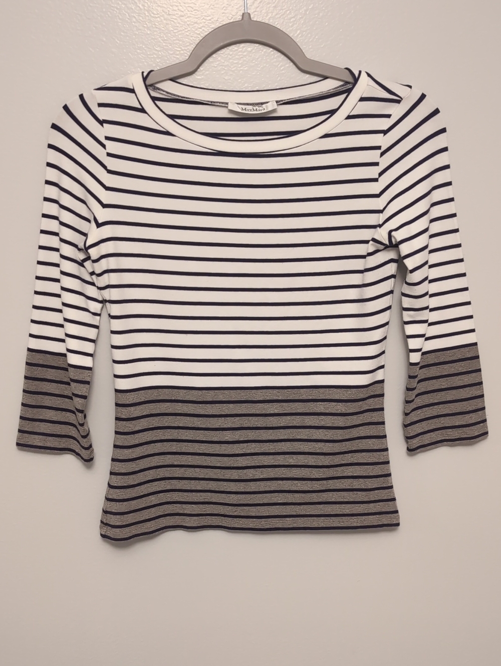 MaxMara White and Navy Striped 3/4 Sleeve Top